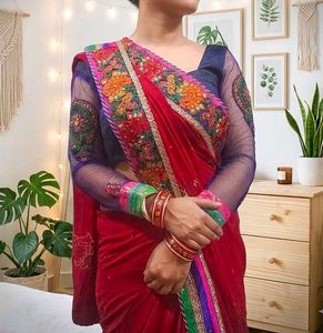 hot red and deep blue full sleeves saree🌹