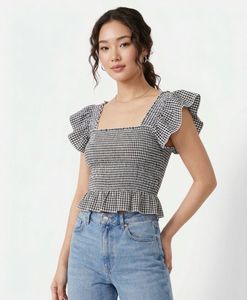 Chic Gingham Smocked Puff Sleeve Top