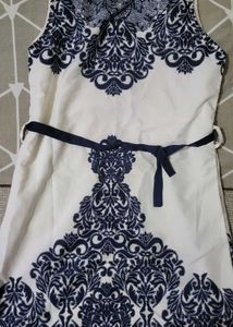 Elegant White &amp; Navy Embroidered Dress