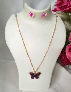 Butterfly Purple Metal Necklace and Earrings Set