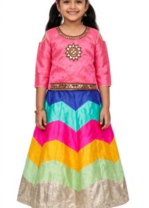 Girls Pink Cold Shoulder Top & Chevron Skirt
