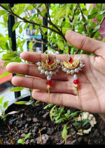 Elegant Gold-Plated Pearl & Red Stone Earrings