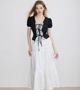Chic Black Lace-Up Puff Sleeve Top