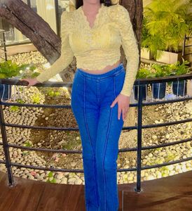 Yellow Lace Crop Top with Pearl Buttons