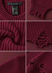 BURGUNDY DISTRESSED RIBBED CROPPED SWEATER