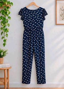 Navy Fish Print Jumpsuit with Waist String Tie-up