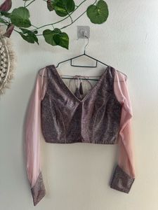 Sparkling V-Neck Blouse with Sheer Sleeves