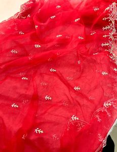 Elegant Red Kurta Set with Intricate White Necklin