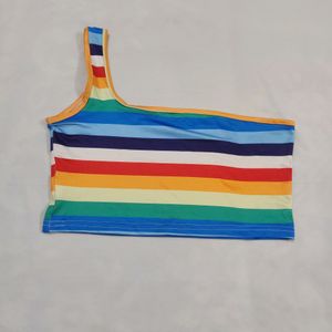 Rainbow Stripe One-Shoulder Crop Top