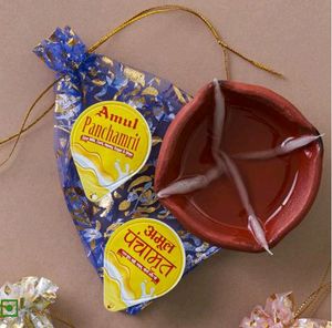 2 Pieces Diya + 4 Packs Amul Panchamrit