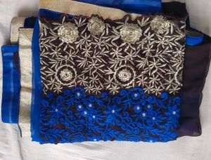 Embroidered Brown &amp; Blue Saree
