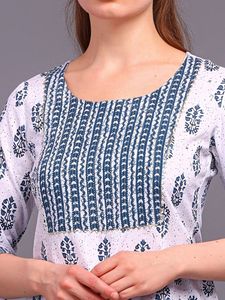 White &amp; Navy Blue Printed Short Kurti