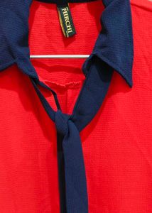 Vibrant Red Top with Navy Blue Collar &amp; Tie