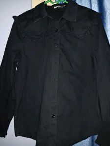 Chic Black Button-Up Ruffled Collar Top