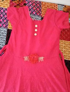 Girls Red Embroidered Casual Dress
