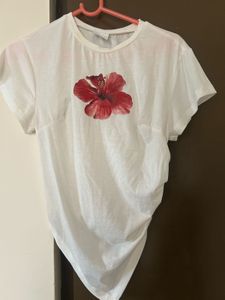White T-Shirt with Red Hibiscus Print