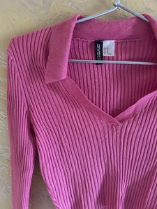 Pink Ribbed Collared Cropped Sweater
