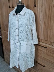 White Lace Button-Up Top ,shrug