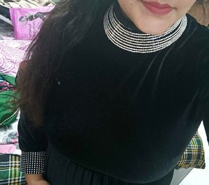 Black Velvet Partywear Dress With Embellished Belt