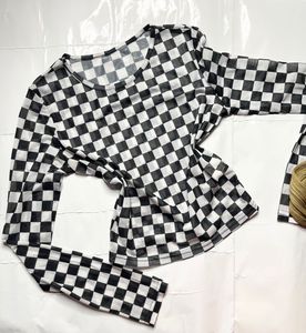 Checkerboard Mesh Long Sleeve Top