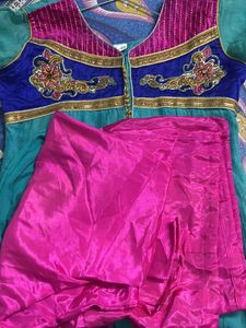 Teal &amp; Pink Embroidered Anarkali Set