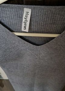Grey V-Neck Ribbed Long Sleeve Top