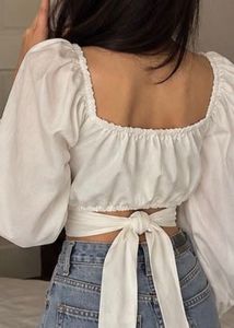 White Ruched Crop Tie-Back Puff Sleeves