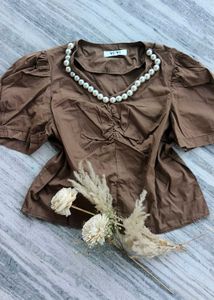 Korean Brown Puff Sleeve Top with pearl on nec