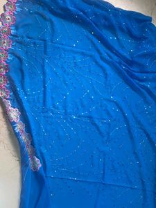 Vibrant Blue Sequined Flower Sari Fabric