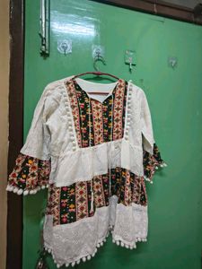 Embroidered Boho Kurta with Pom-Pom Trim
