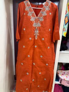 Embroidered Orange Kurta