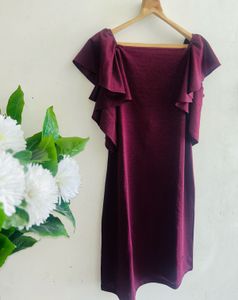 SHECZZAR Maroon Shimmer Ruffle Sleeve Dress