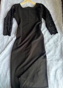 Lace Sleeve Black Midi Dress
