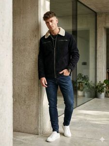 Men's Black Corduroy Jacket with Sherpa Collar