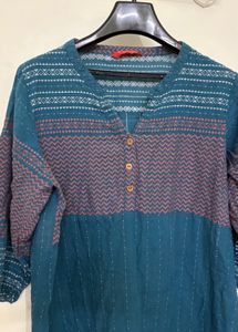 Teal Printed V-Neck Kurta