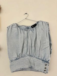 Zara Denim Puff Sleeve Top