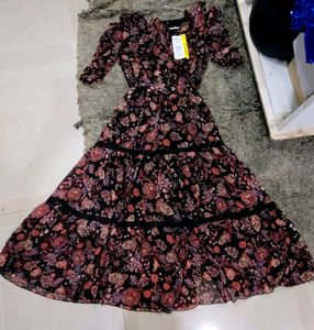 Quality Black&amp;Rust Orange Floral Print Tiered Midi
