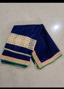Elegant Blue Velvet Saree with Golden Embroidery
