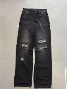Charcoal Distressed High-Waisted Wide-Leg Jeans