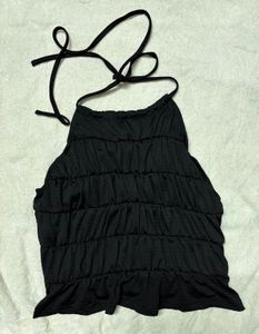 Black Halter Neck Ruffled Peplum Top