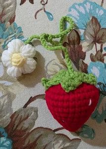 Handmade Crochet Strawberry &amp; Flower Keychain