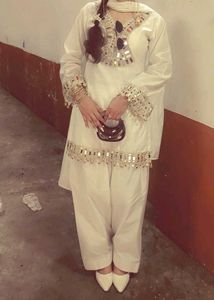 White Kurta farsi salwar with Mirror Work