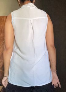Sleeveless White Collared Shirt