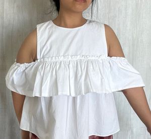 Elegant White Ruffle Cold Shoulder Top