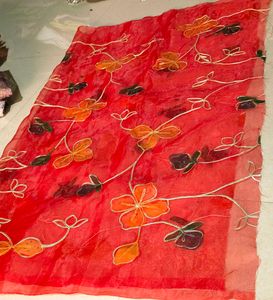 Premium Red Floral Embroidered Soft Net Fabric | D