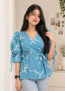 Sky Blue Floral Peplum Top with Puff Sleeves | Onc