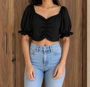 Chic Black Ruched Puff Sleeve Crop Top