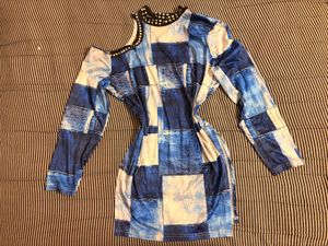 Unique Blue Patchwork One-Shoulder Dress