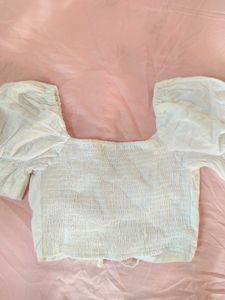 White Ruched Puff Sleeve Crop Top