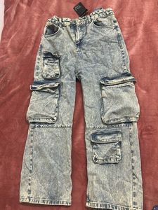 Womens Acid Wash Cargo Jeans